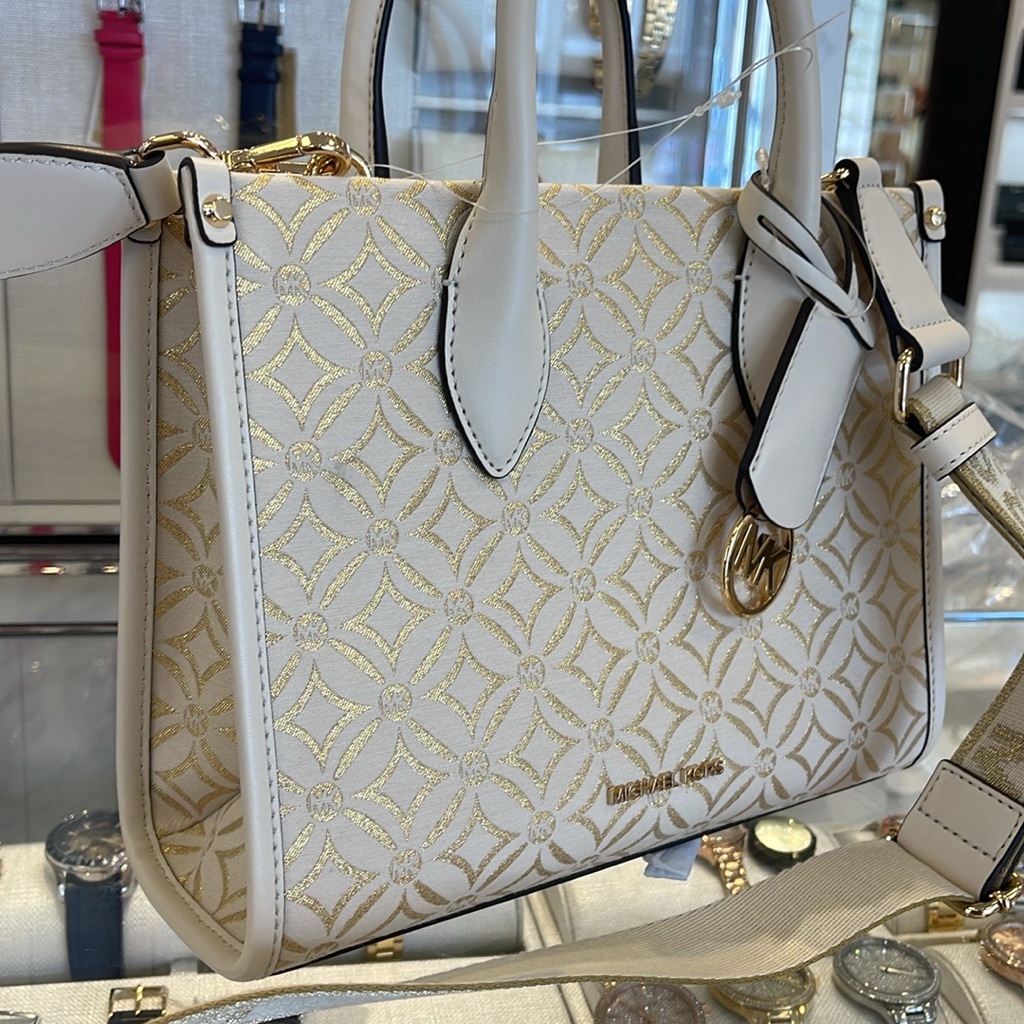 Michael Kors Mirella Small Metallic Logo Jacquard Crossbody Bag Light Cream Nwt